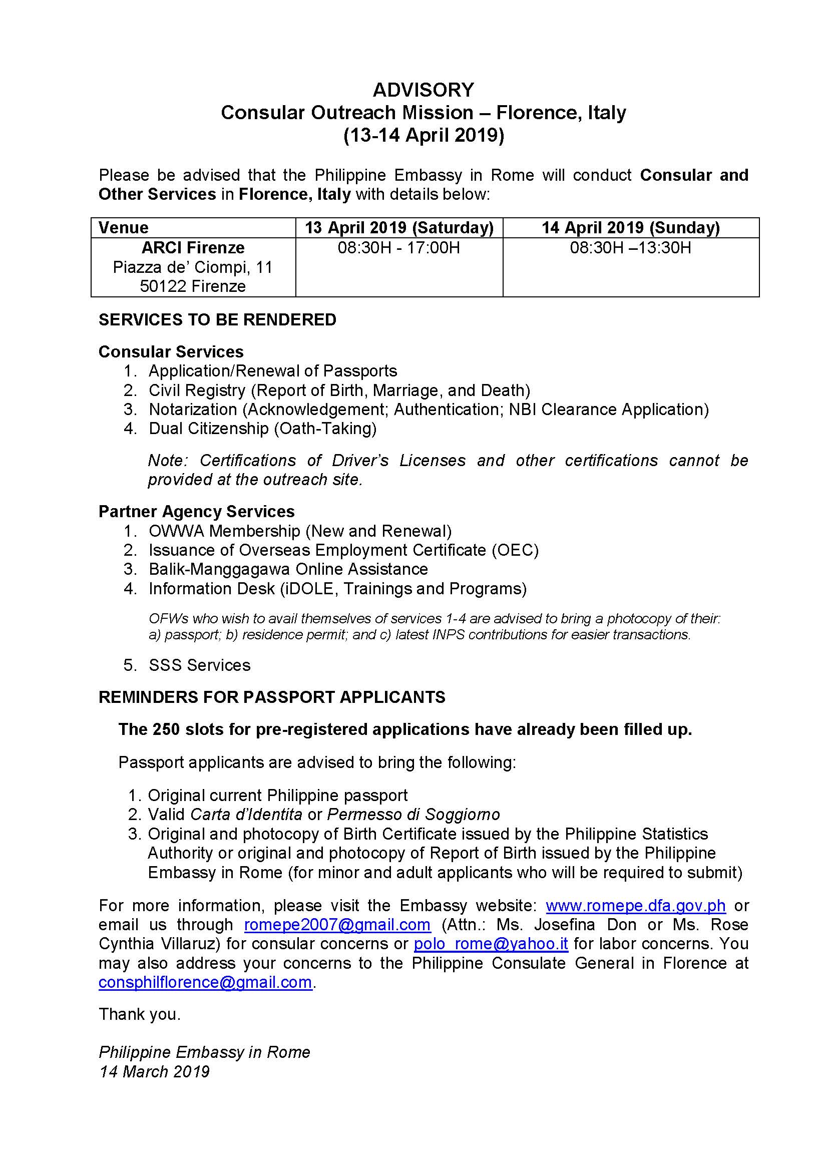 ADVISORY Florence Outreach 13 14 April 2019