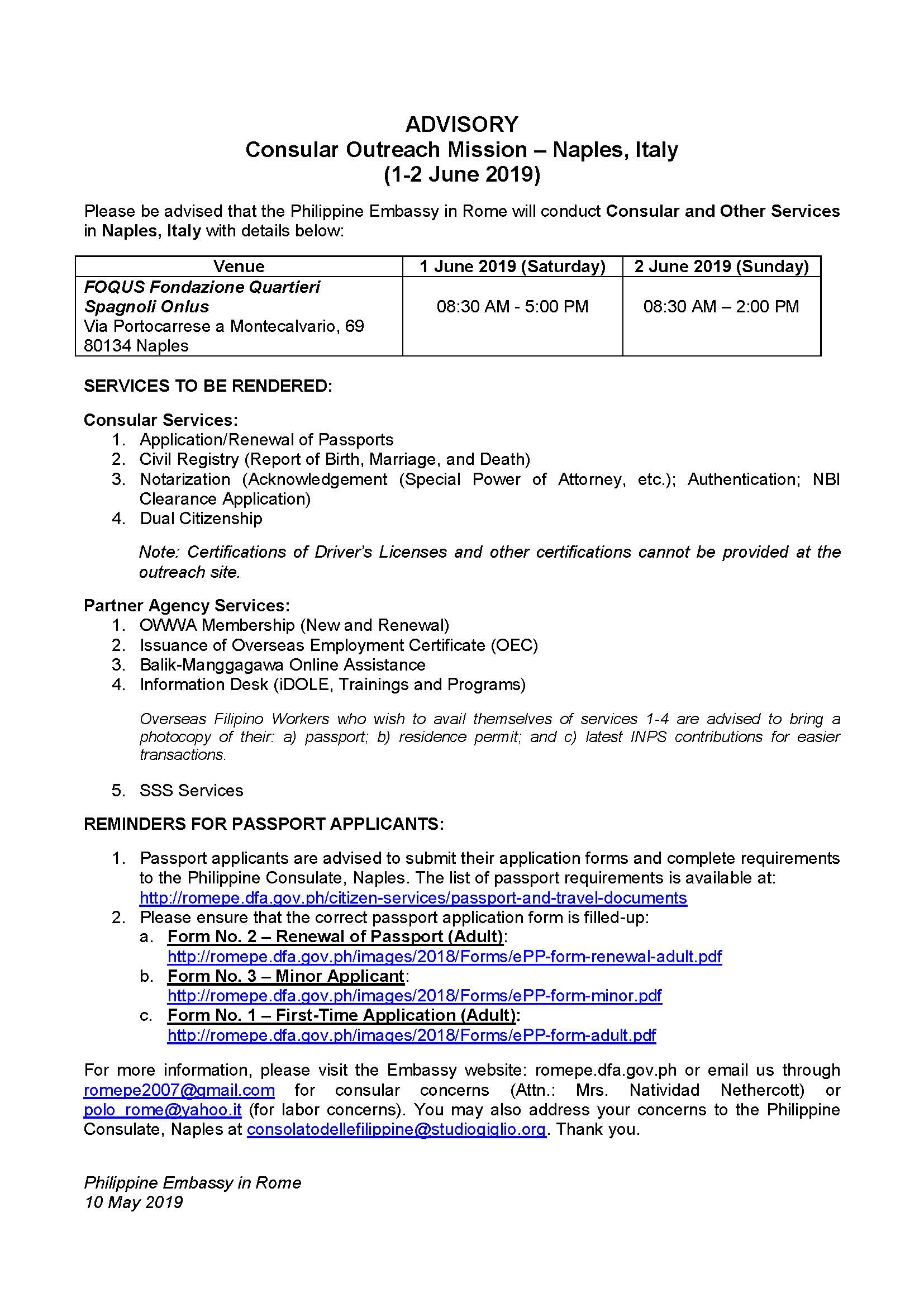 ADVISORY Naples Outreach 1 2 June 2019