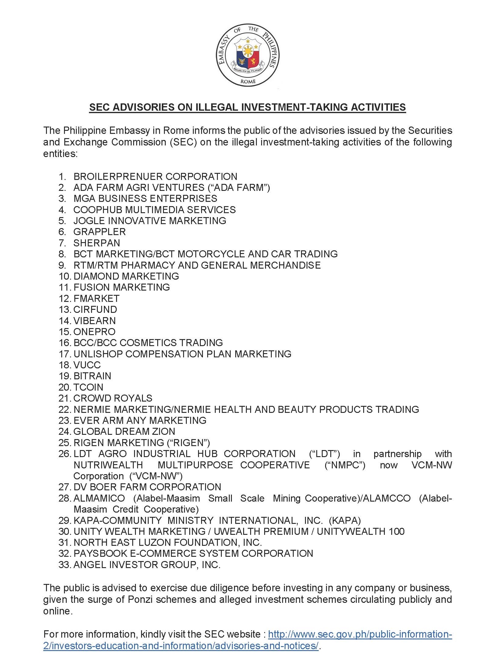 SEC Advisories on Illegal Investment Taking Activities 2