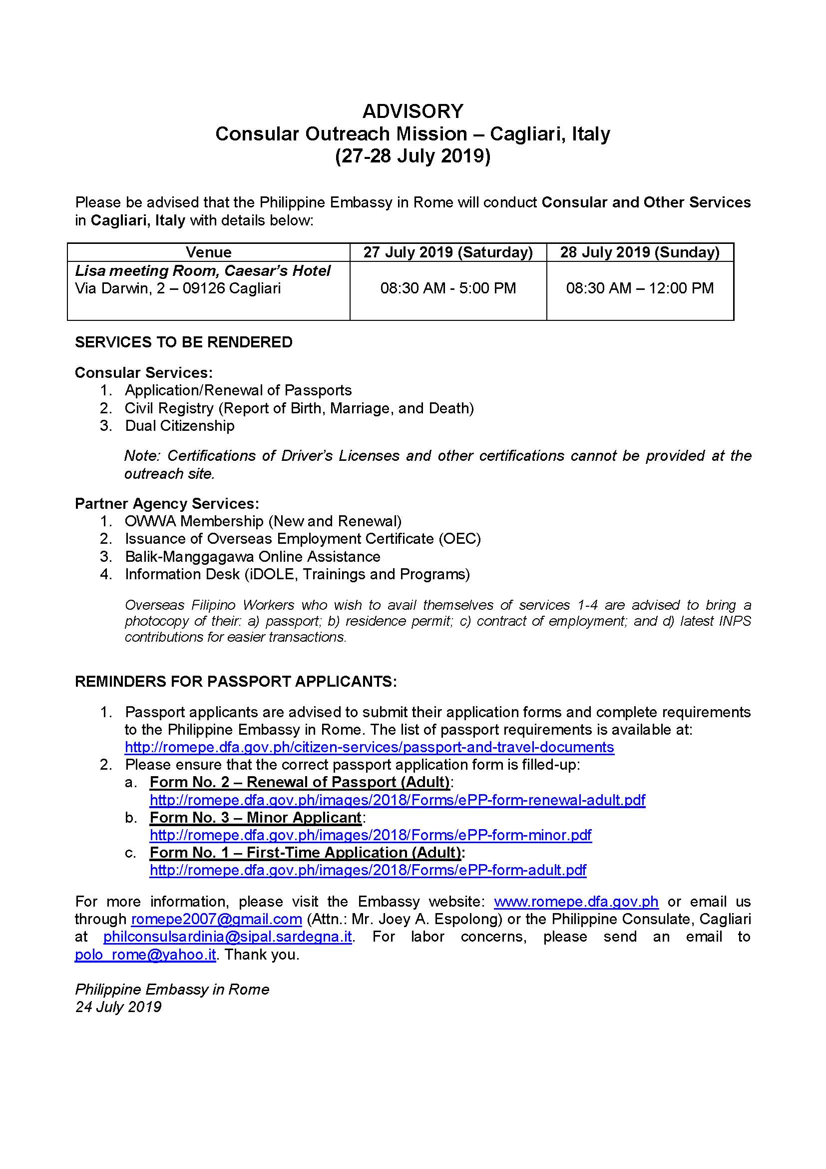Second Advisory Cagliari Outreach