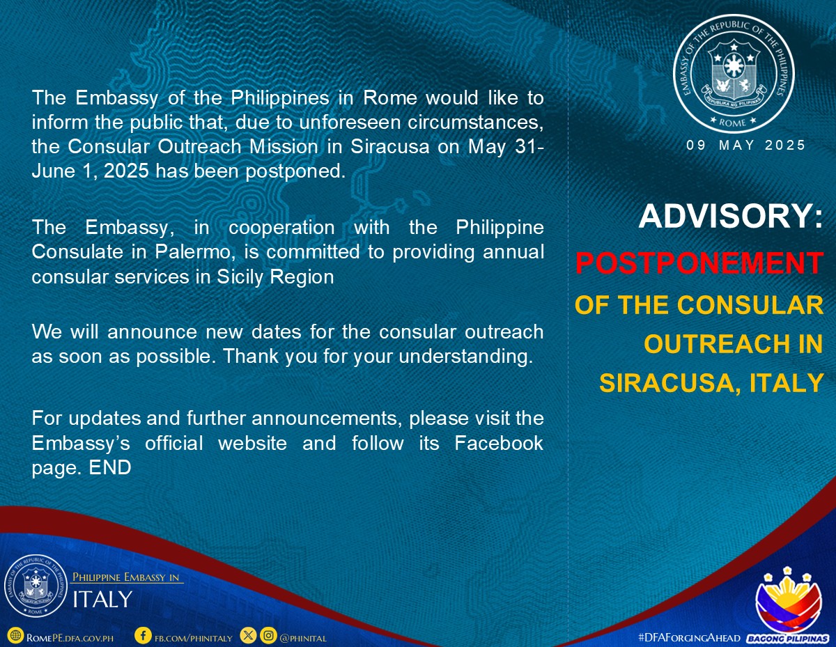 ANNOUNCEMENT Postponement of Consular Outreach Mission in Siracusa May 31 June 1