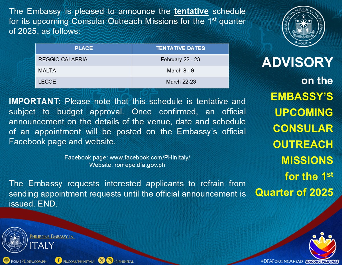 ANNOUNCEMENT Upcoming Consular Outreach for the 1st Quarter of 2025