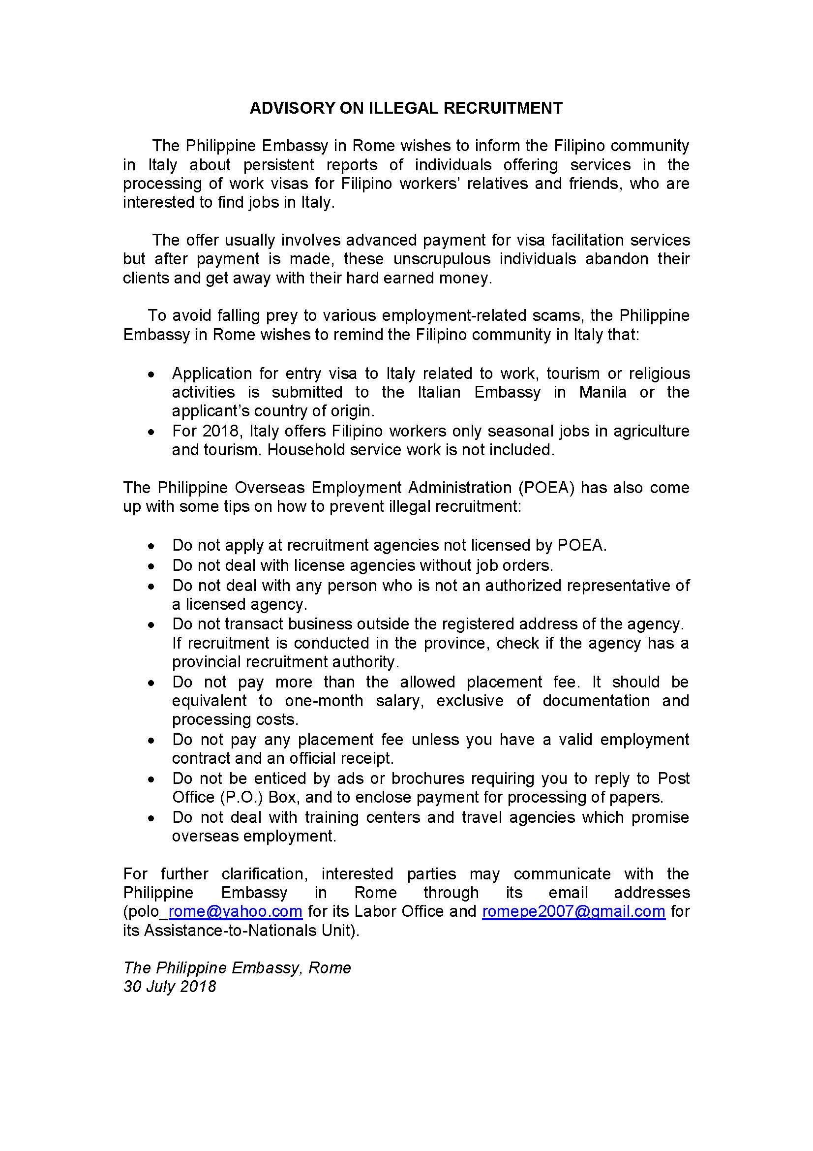 ADVISORY ILLEGAL RECRUITMENT
