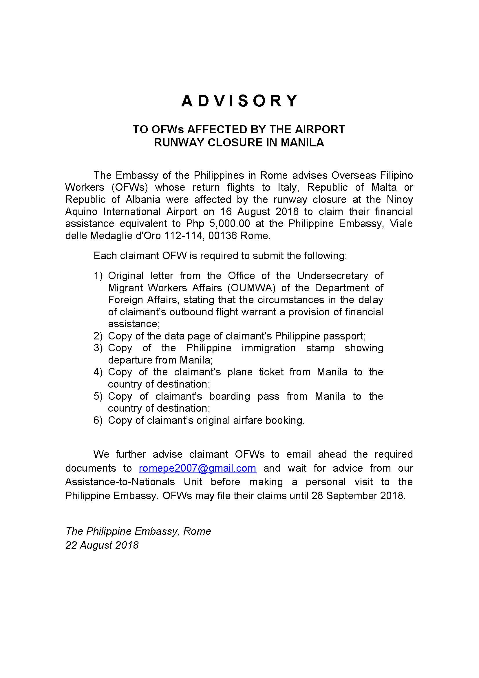 ADVISORY OFWs AFFECTED BY RUNWAY ACCIDENT