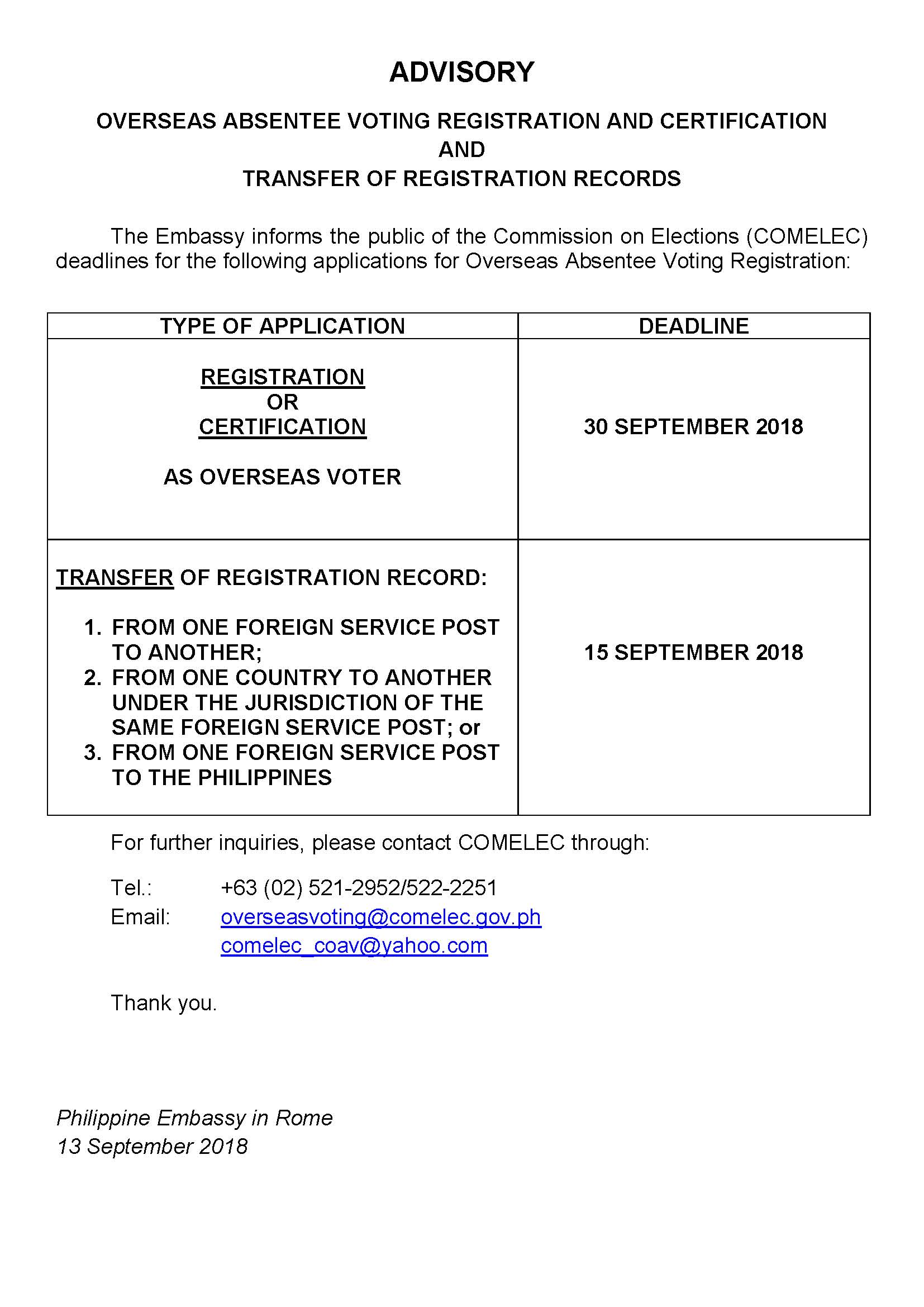 Comelec Deadline