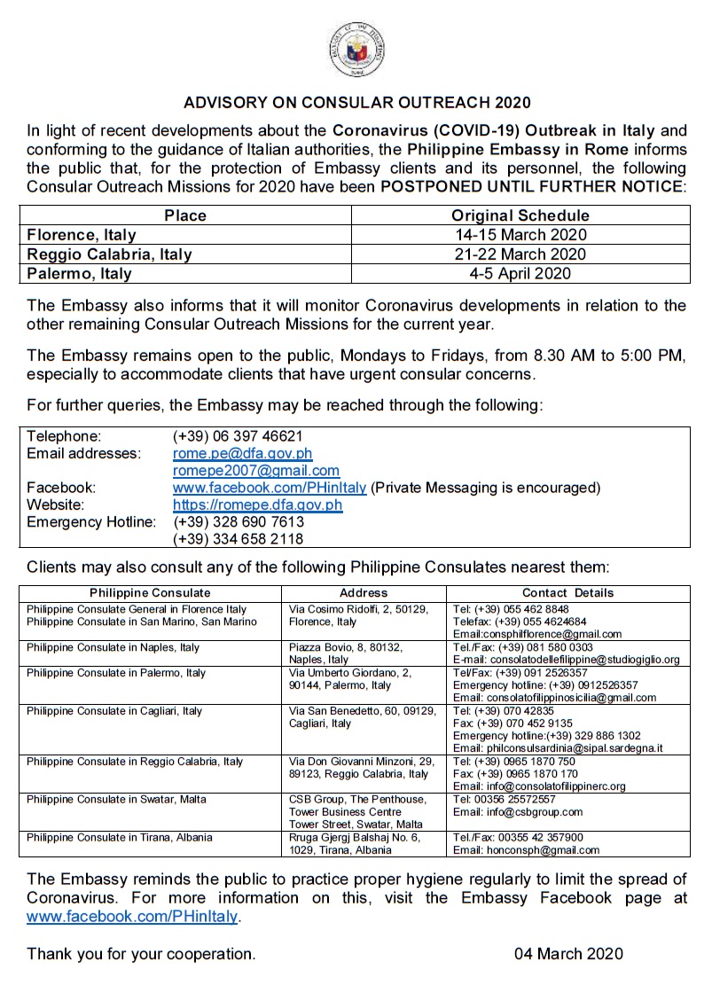 Advisory Postponement of Outreach