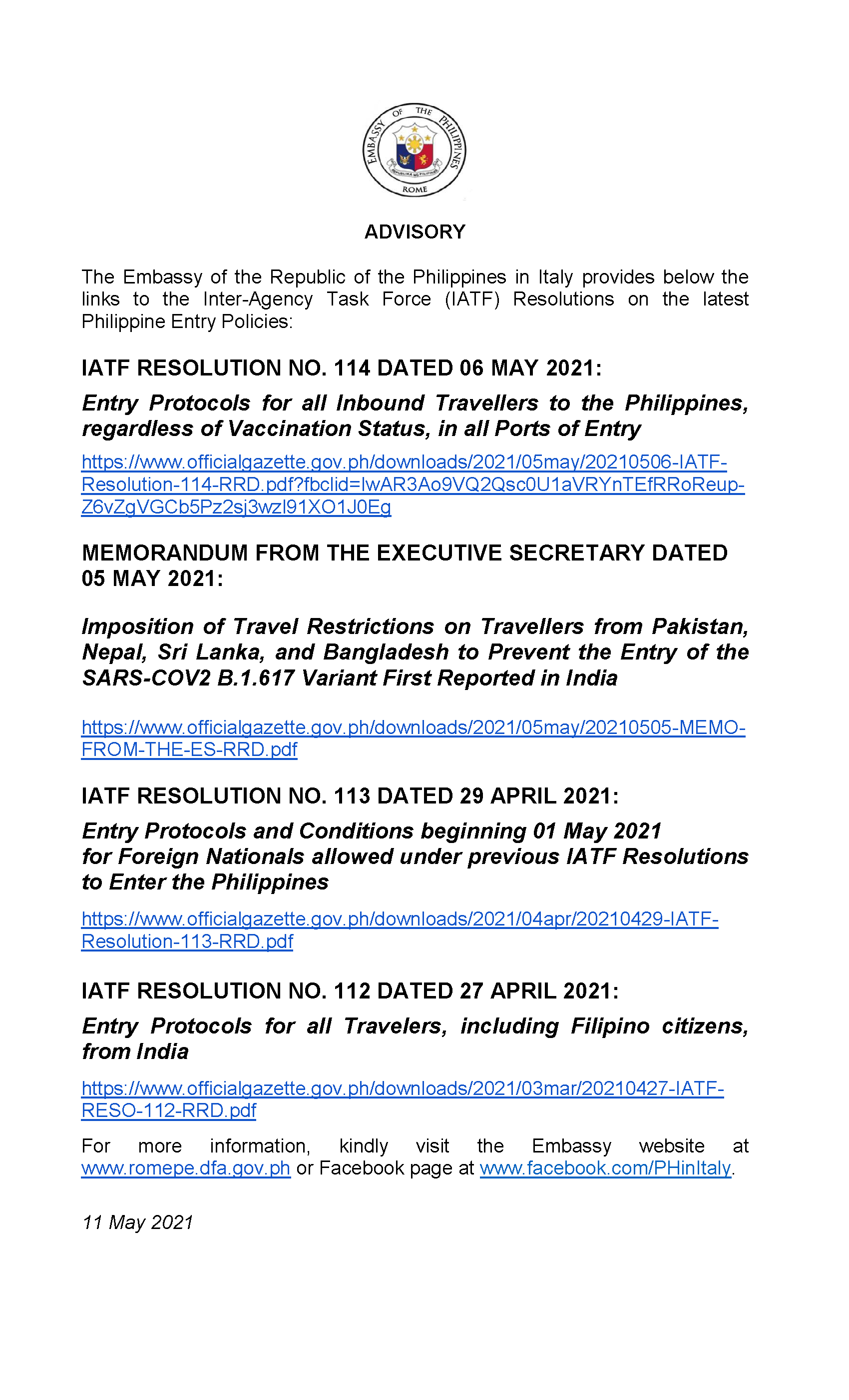 11MAY2021 ADVISORY UPDATES TRAVEL PROTOCOLS IN PH