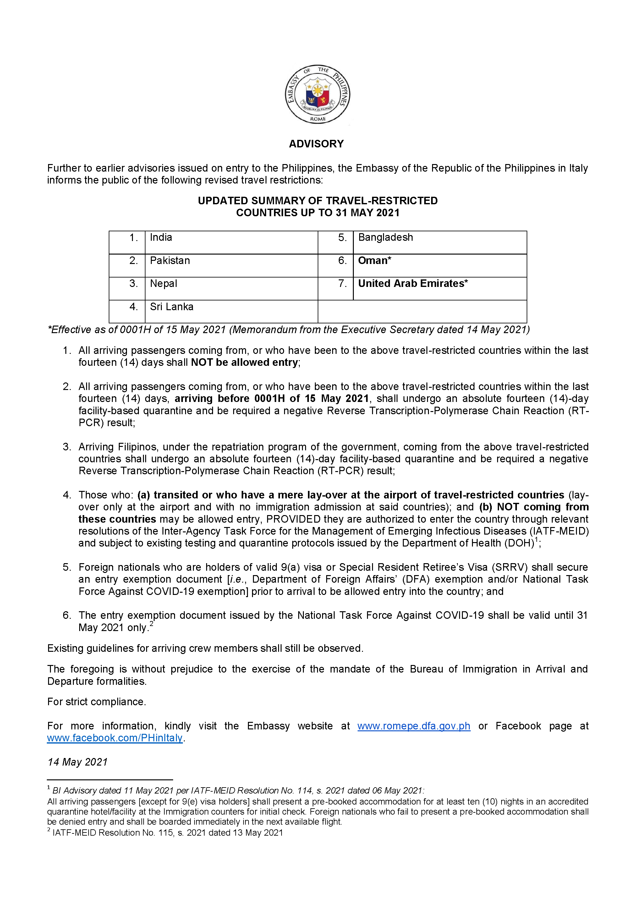 14MAY2021 ADVISORY TRAVEL PROTOCOLS IN PH