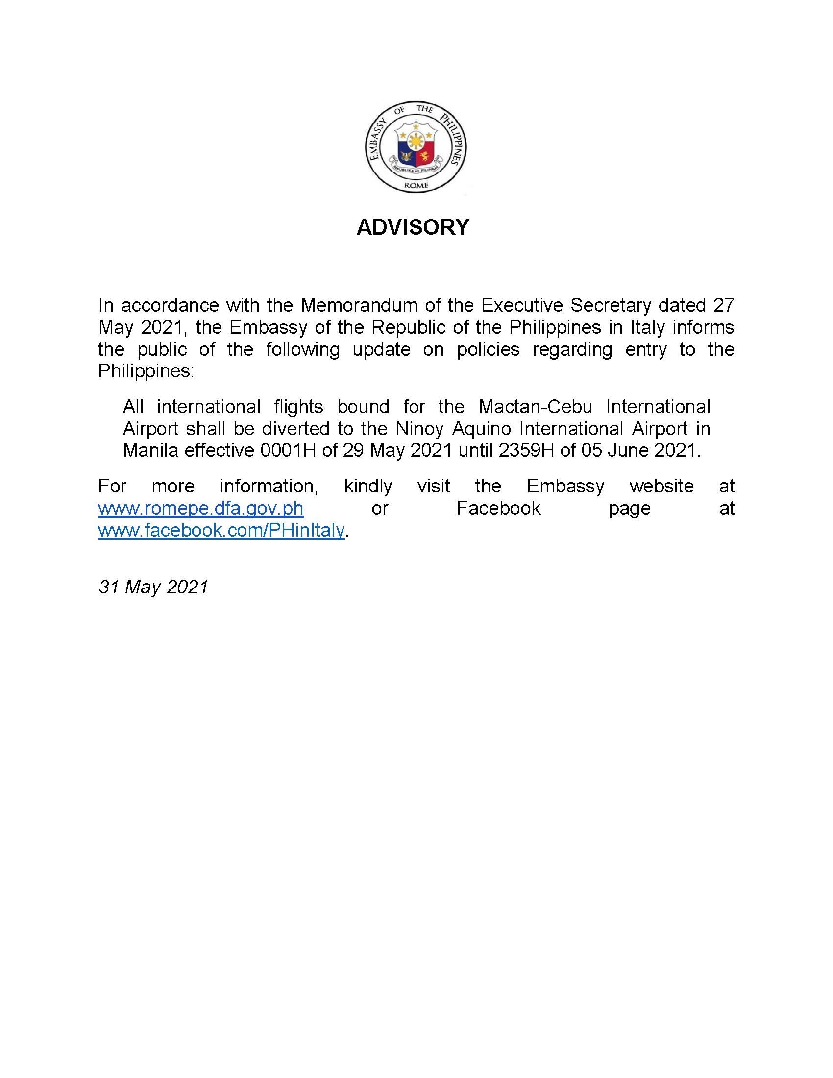 31MAY2021 ADVISORY TRAVEL