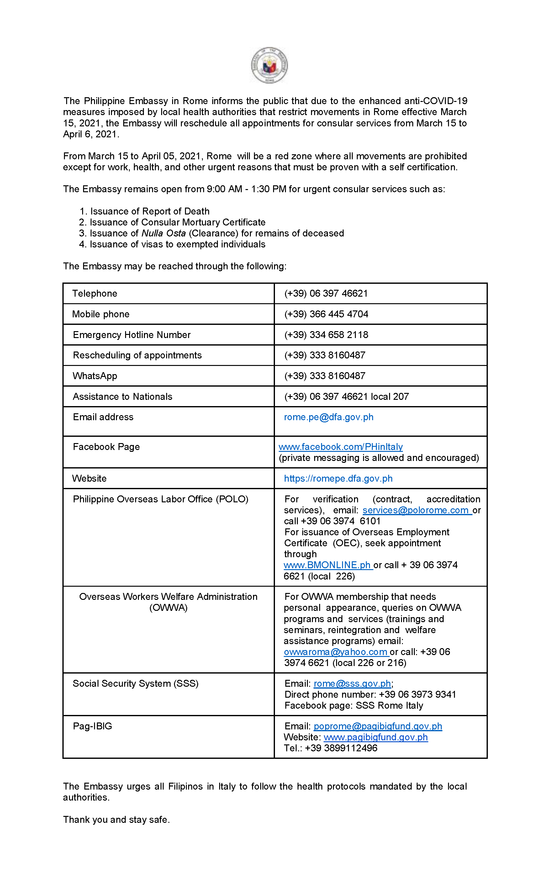 ADVISORY ON LIMITED CONSULAR SERVICES 15 MAR TO 6 APR