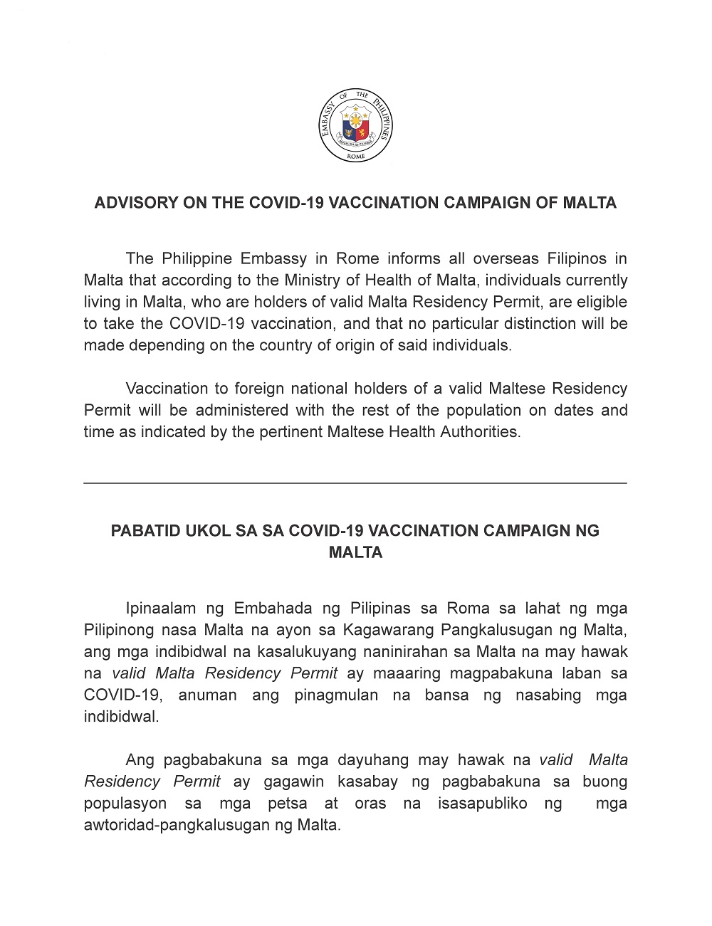 ADVISORY ON THE COVID 19 VACCINATION CAMPAIGN OF MALTA
