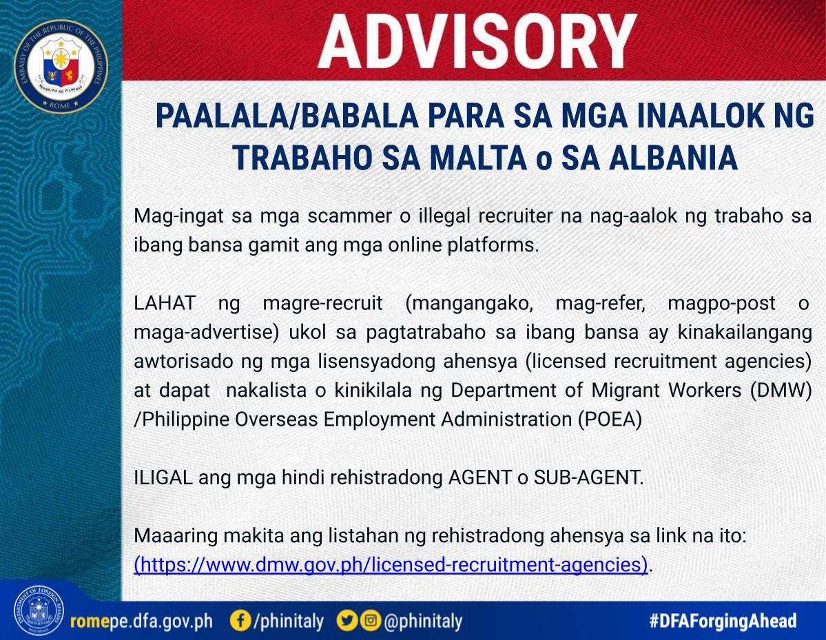 PAALALA BABALA PARA SA MGA INAALOK NG TRABAHO SA MALTA o SA ALBANIA 1