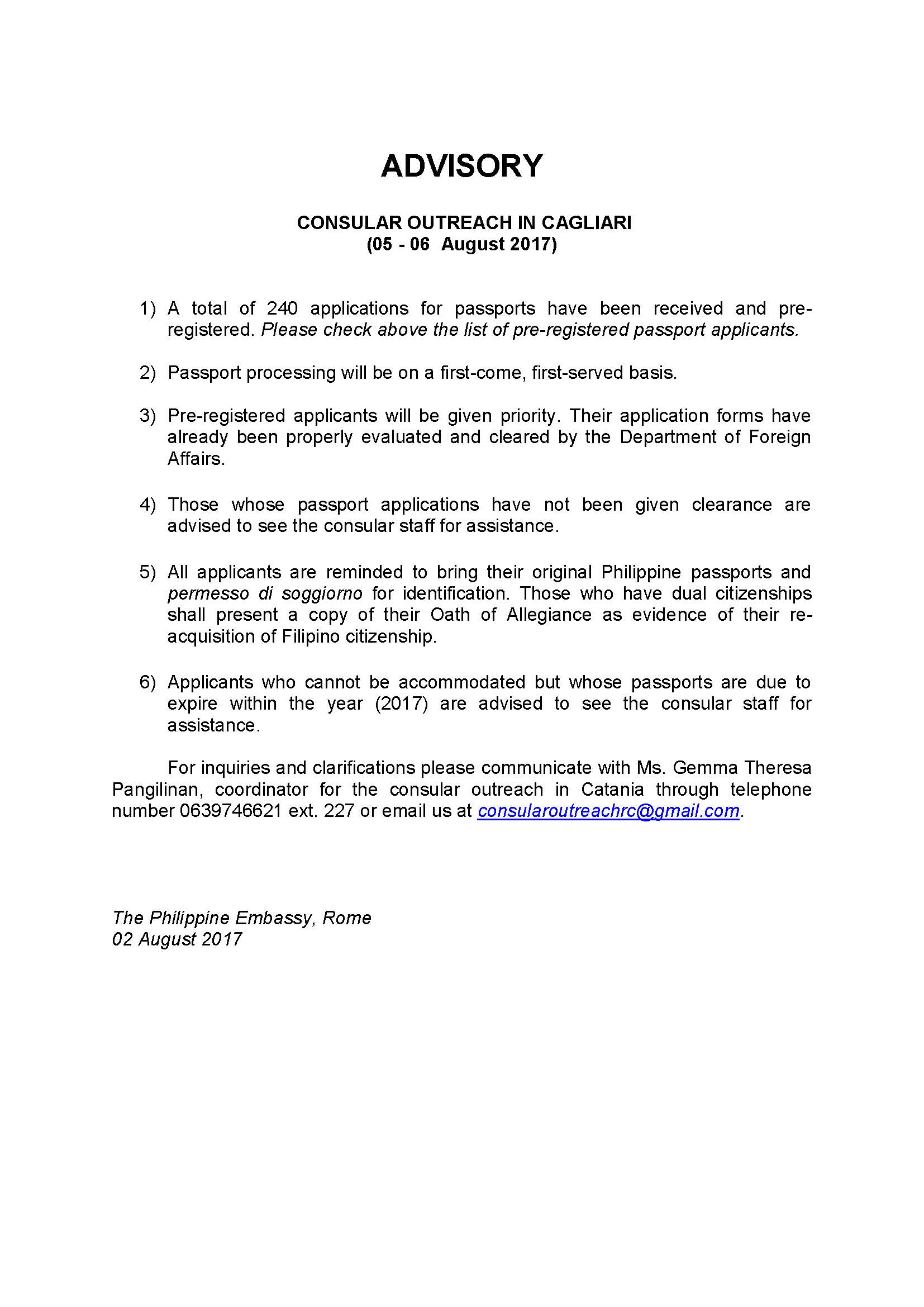 ADVISORY CAGLIARI OUTREACH