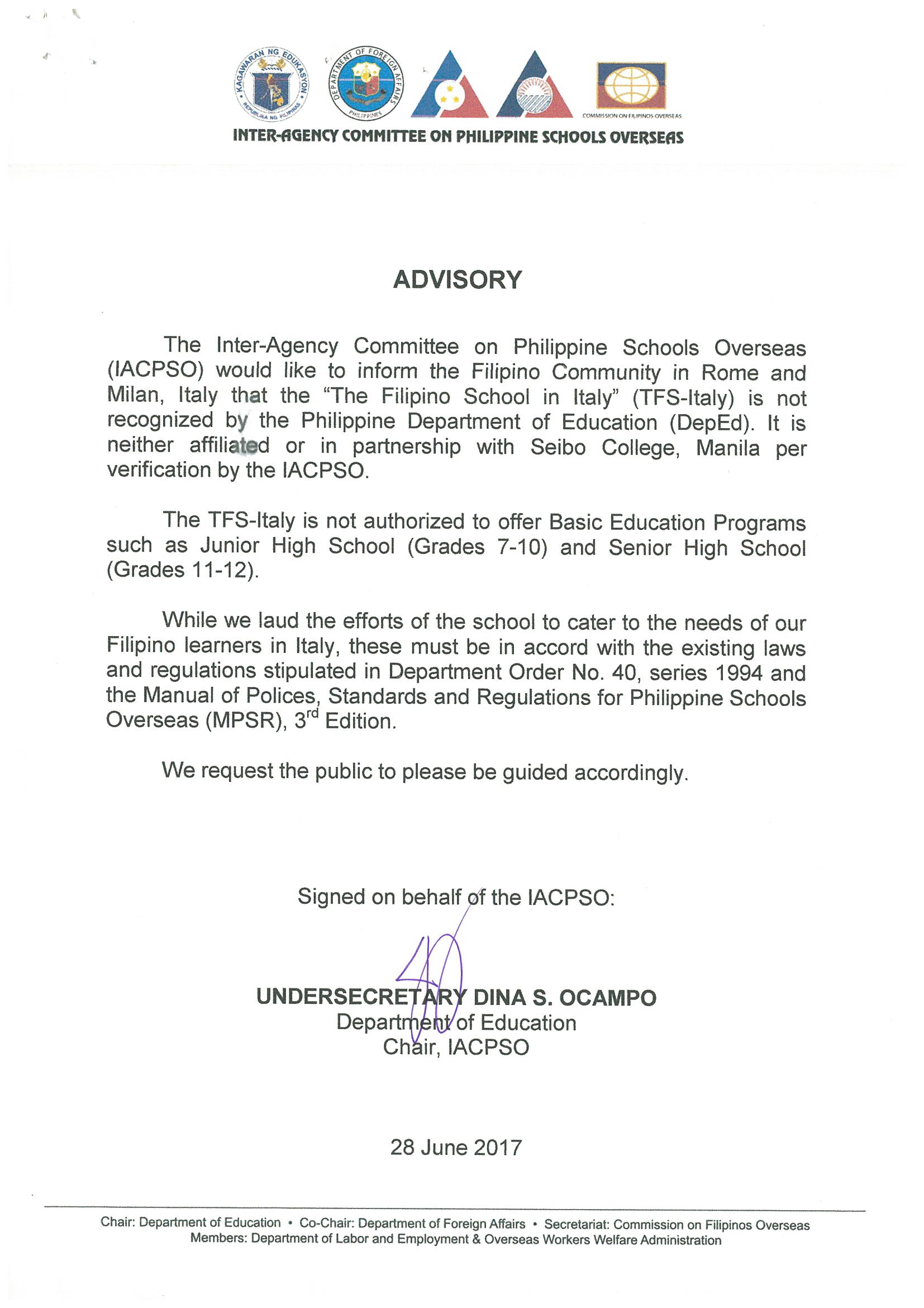 ADVISORY OF IACPSO