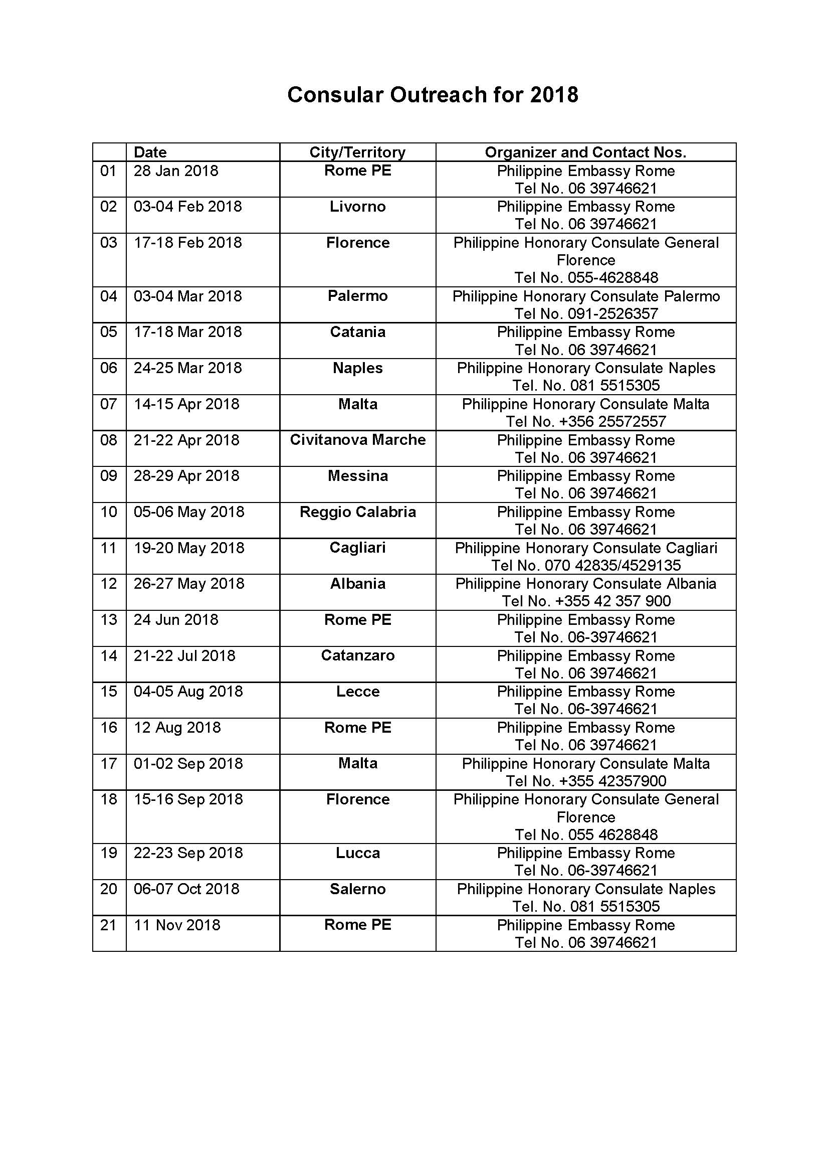 Consular Outreach for 2018