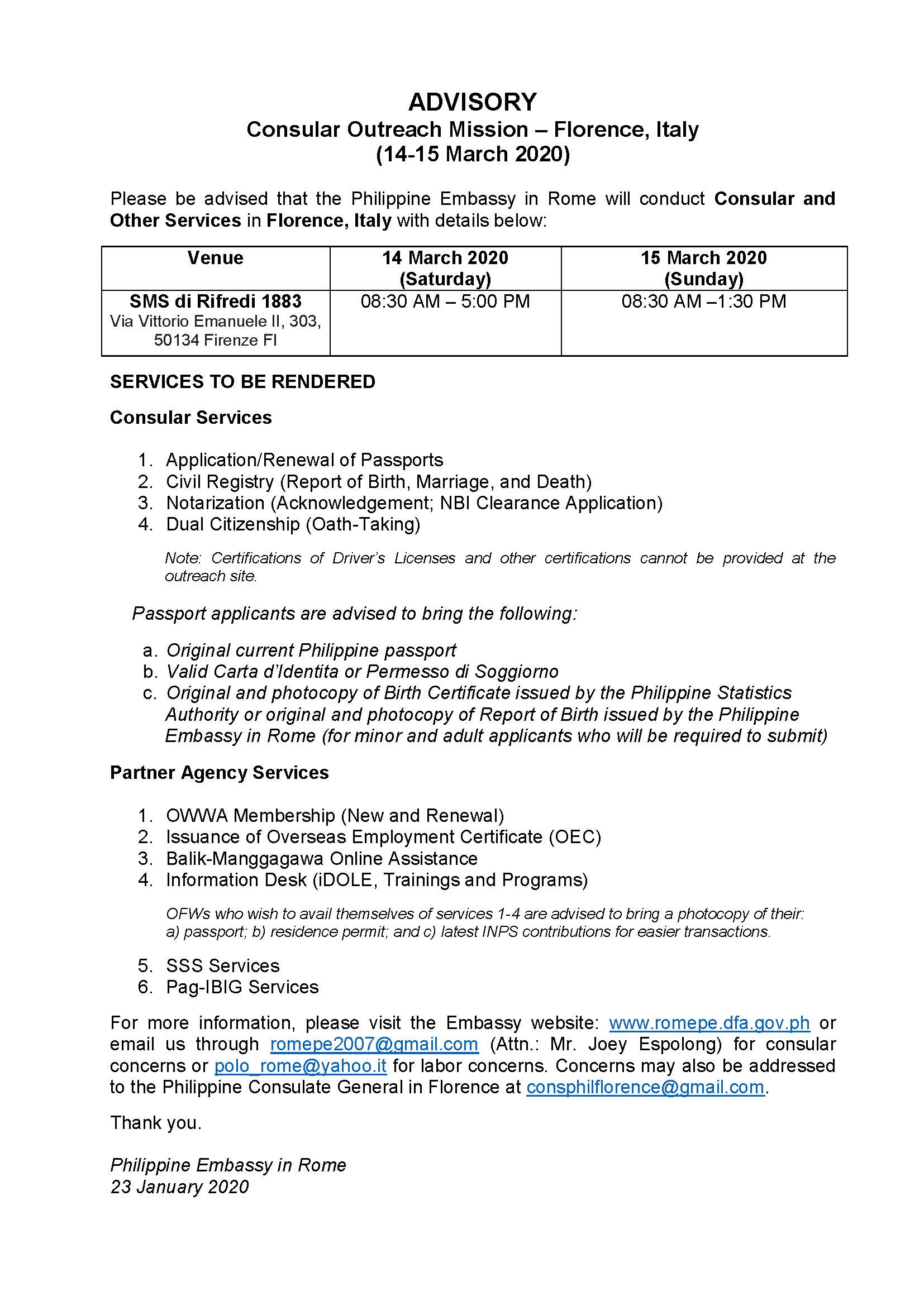 Advisory Florence Outreach 14 15 March 2020