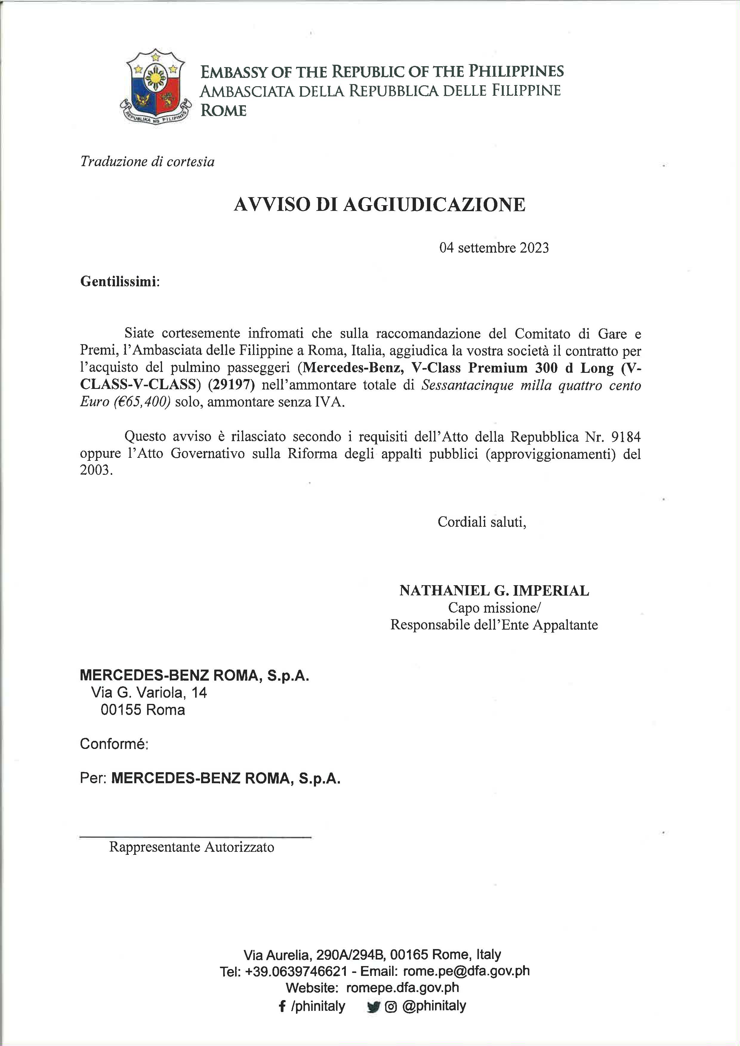 Notice of Award Italian letterhead