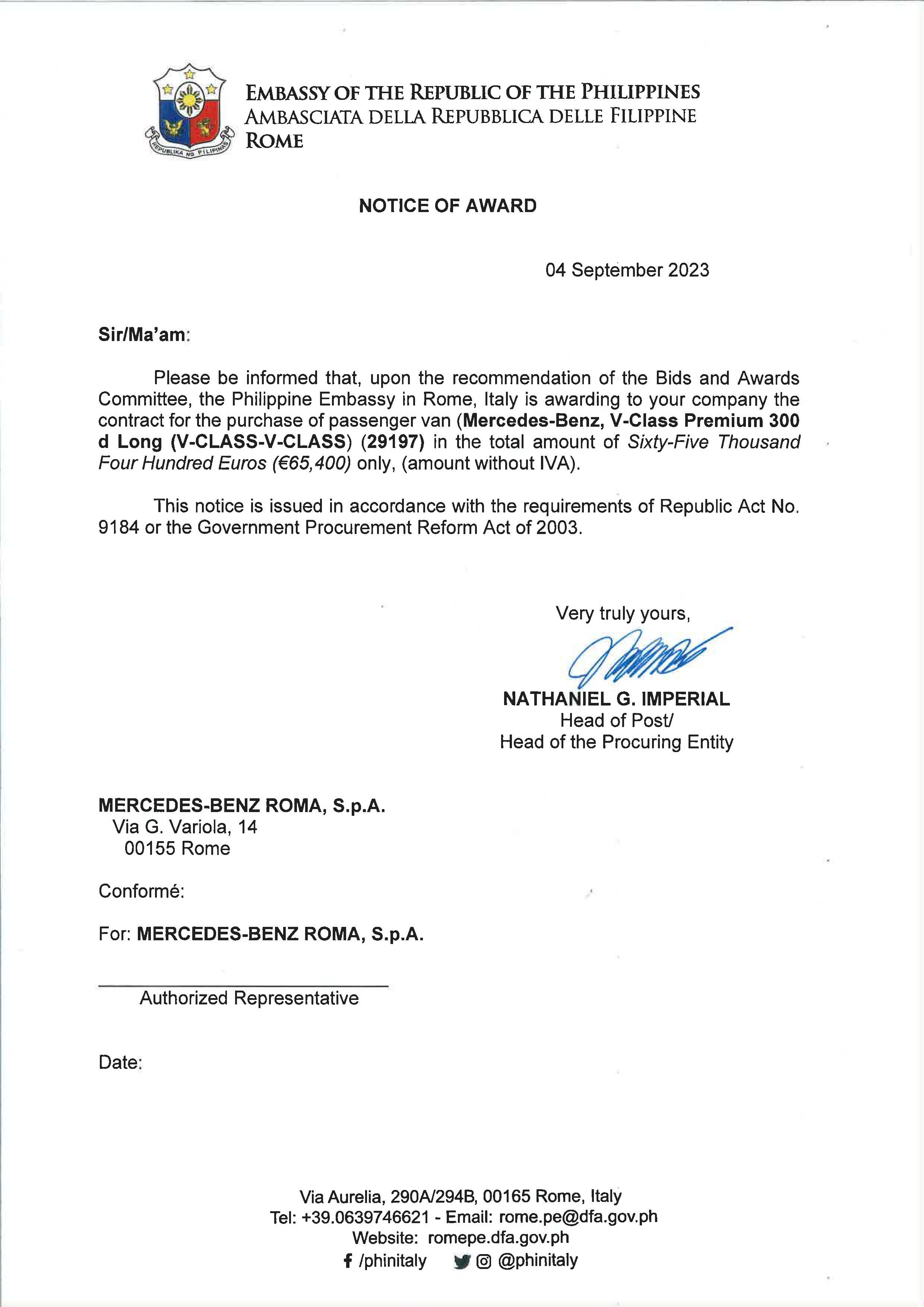 Notice of Award Signed