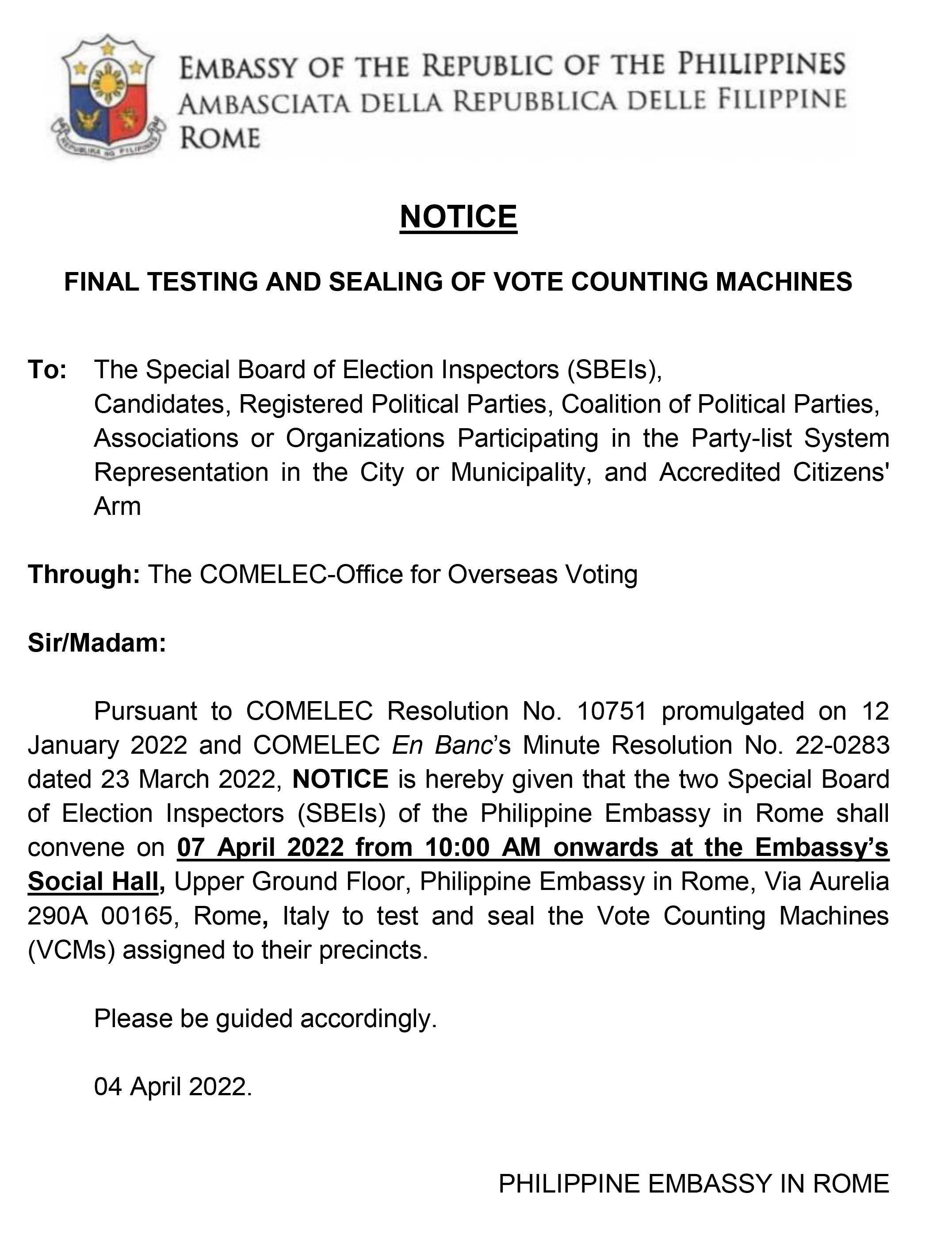 Formal Notice on the Final Testing and Sealing 