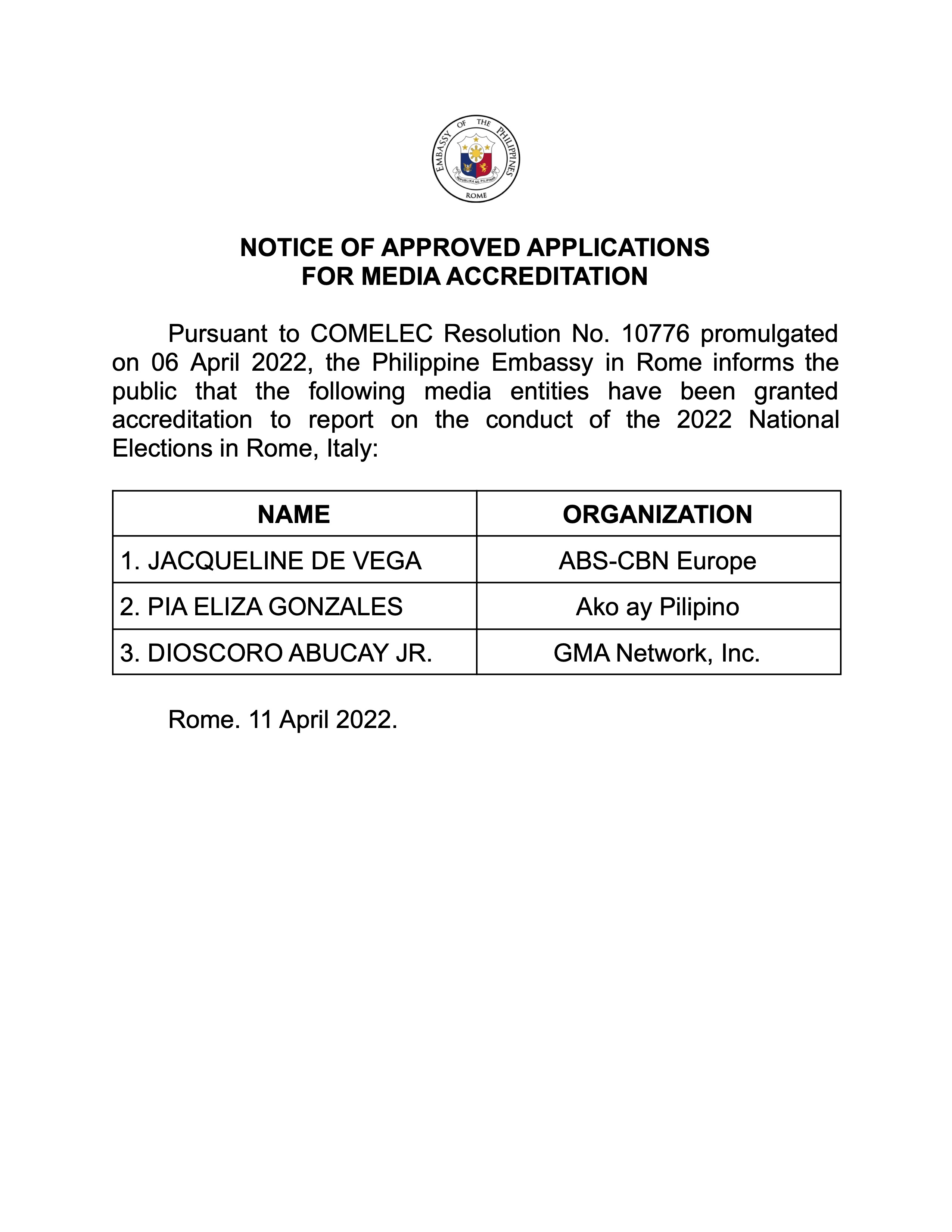 Notice of Approved Applications for Media Accreditation
