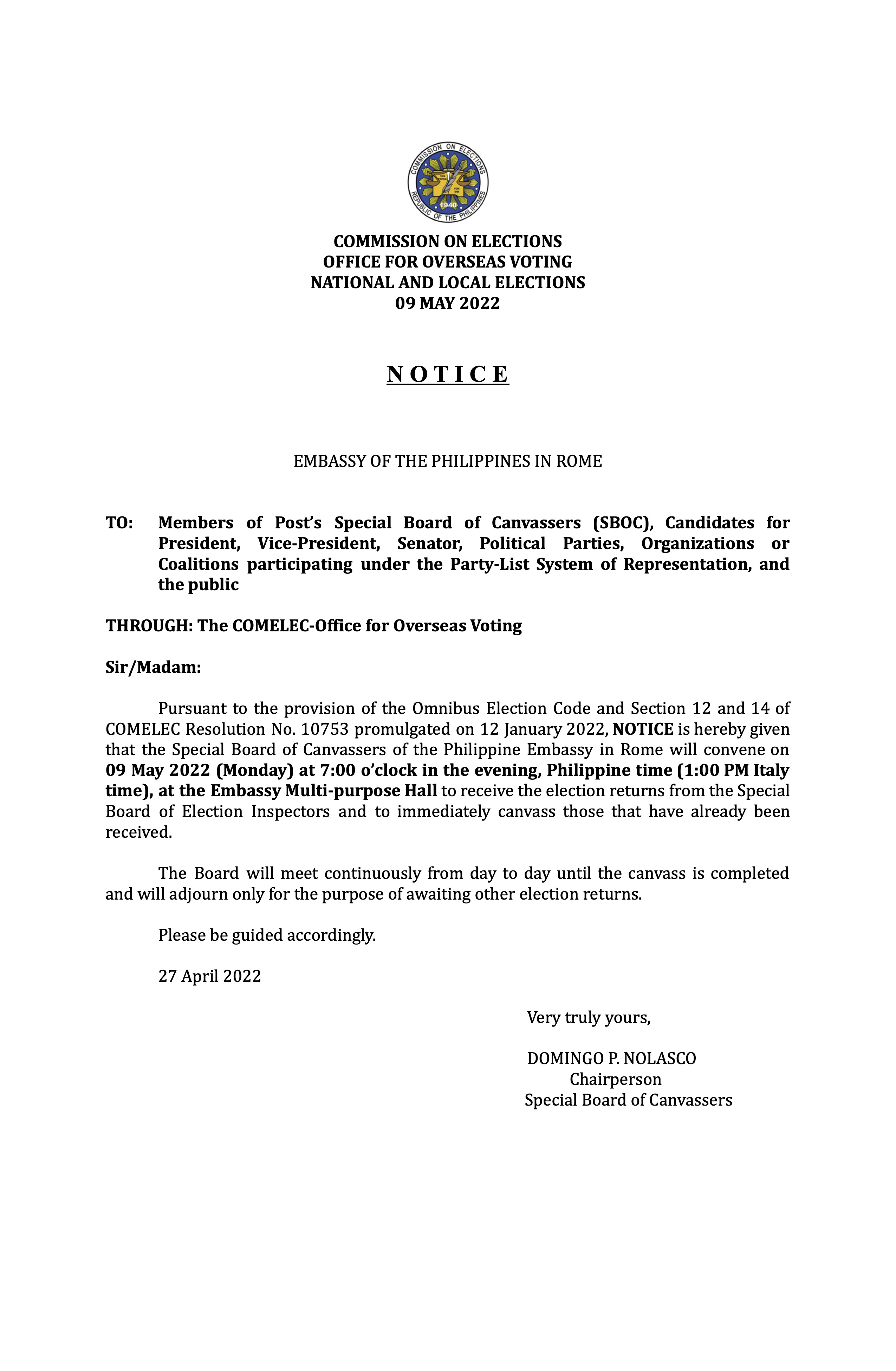 Notice of Canvassing