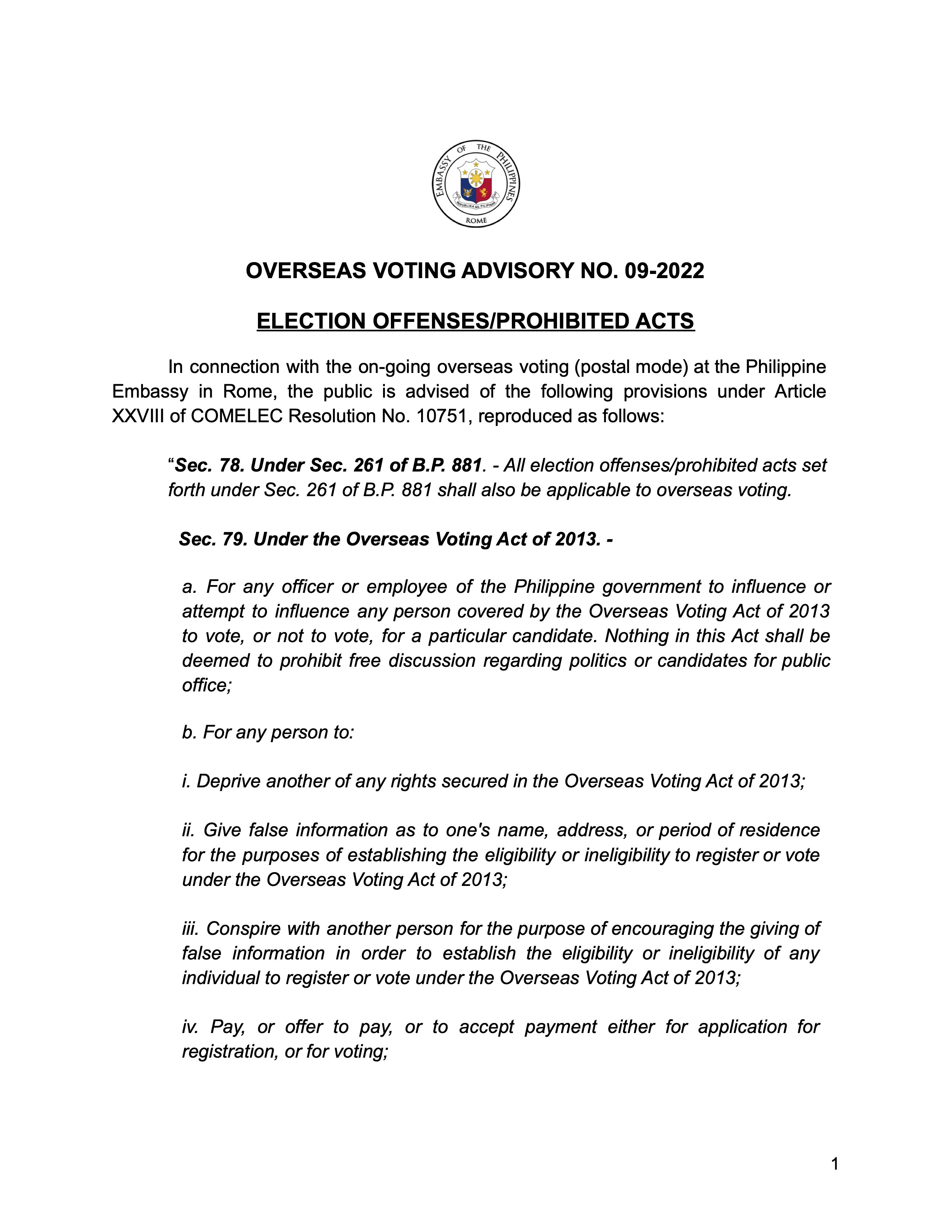 OV ADVISORY ON ELECTION OFFENSES PROHIBITED ACTS 1