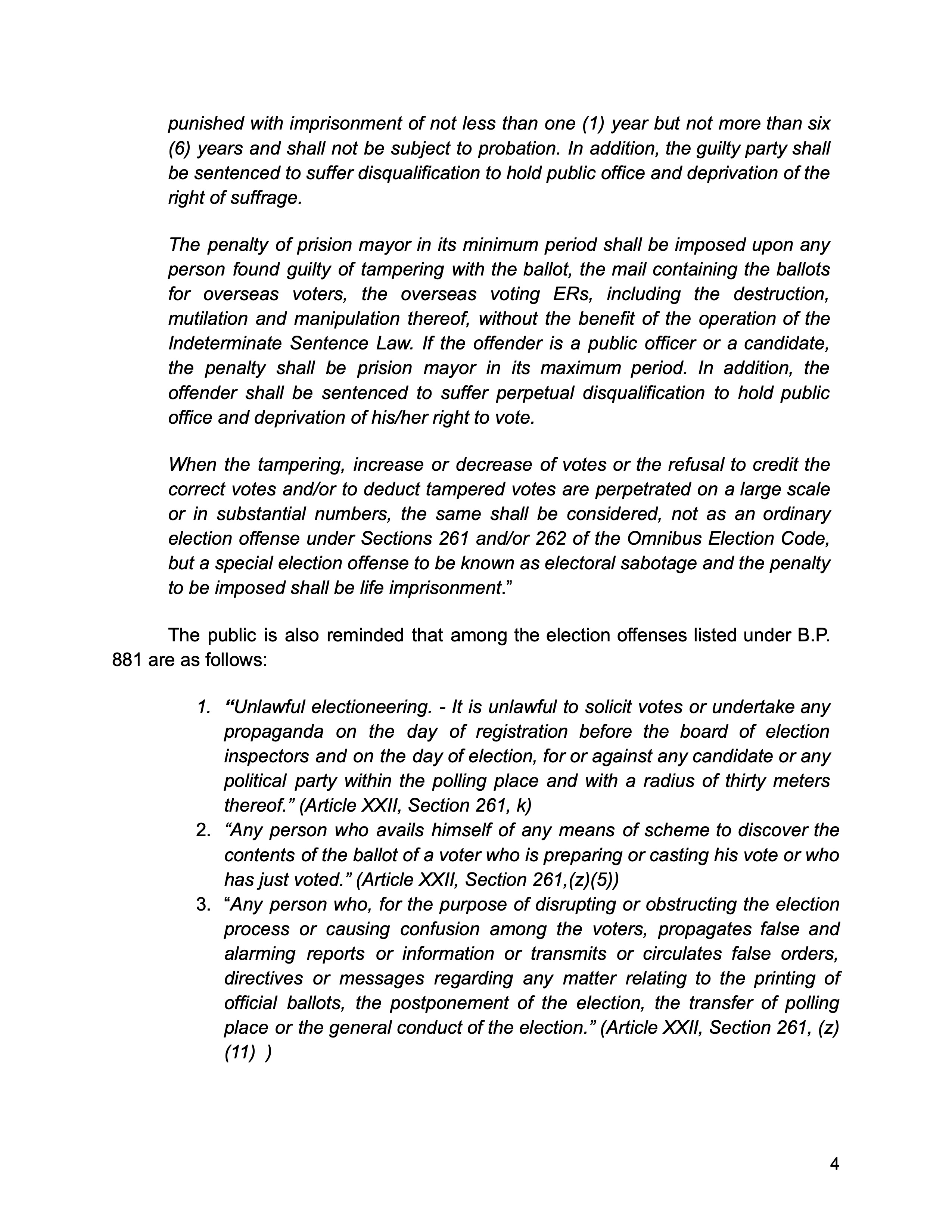 OV ADVISORY ON ELECTION OFFENSES PROHIBITED ACTS 4