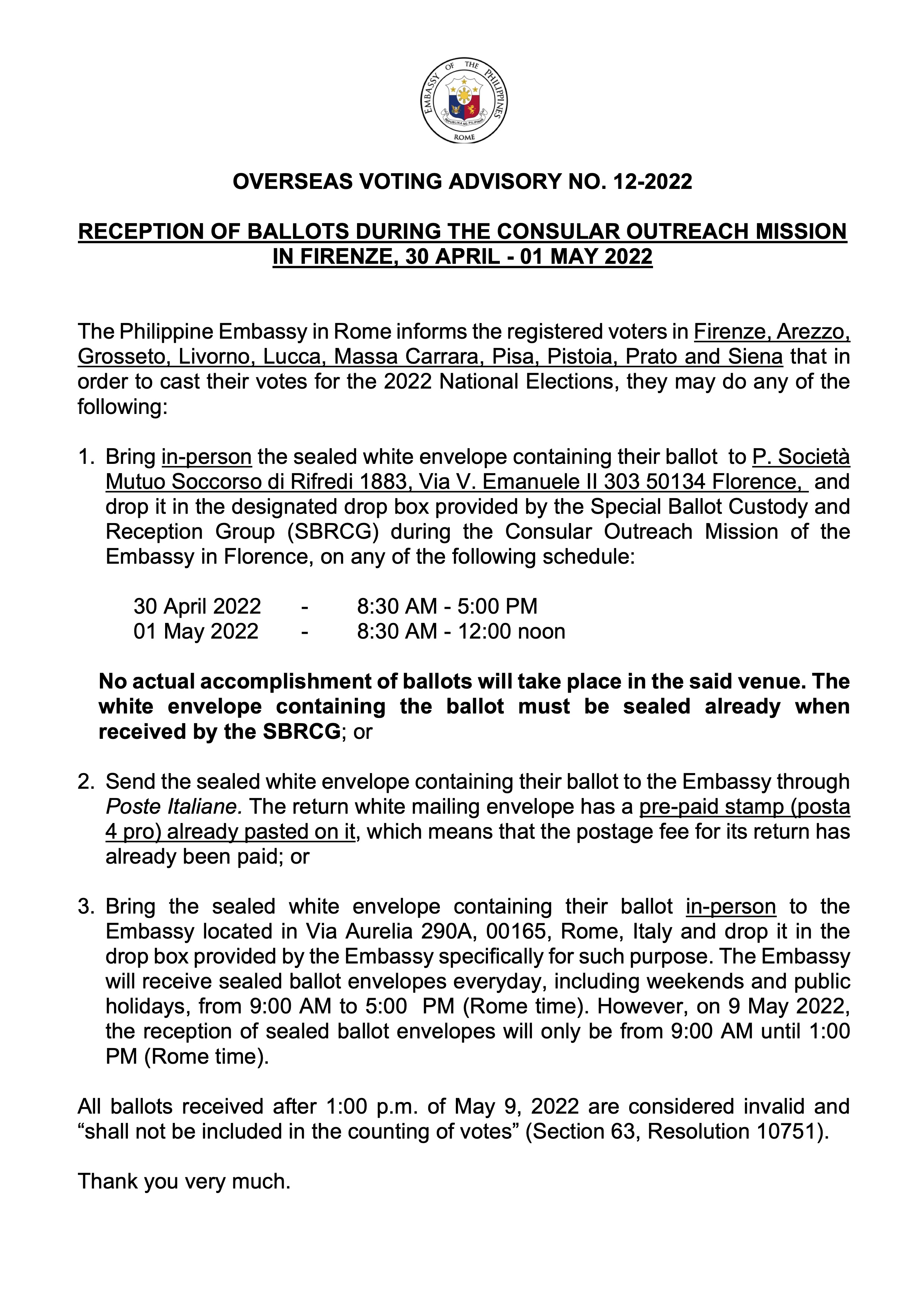 OV Advisory No. 12