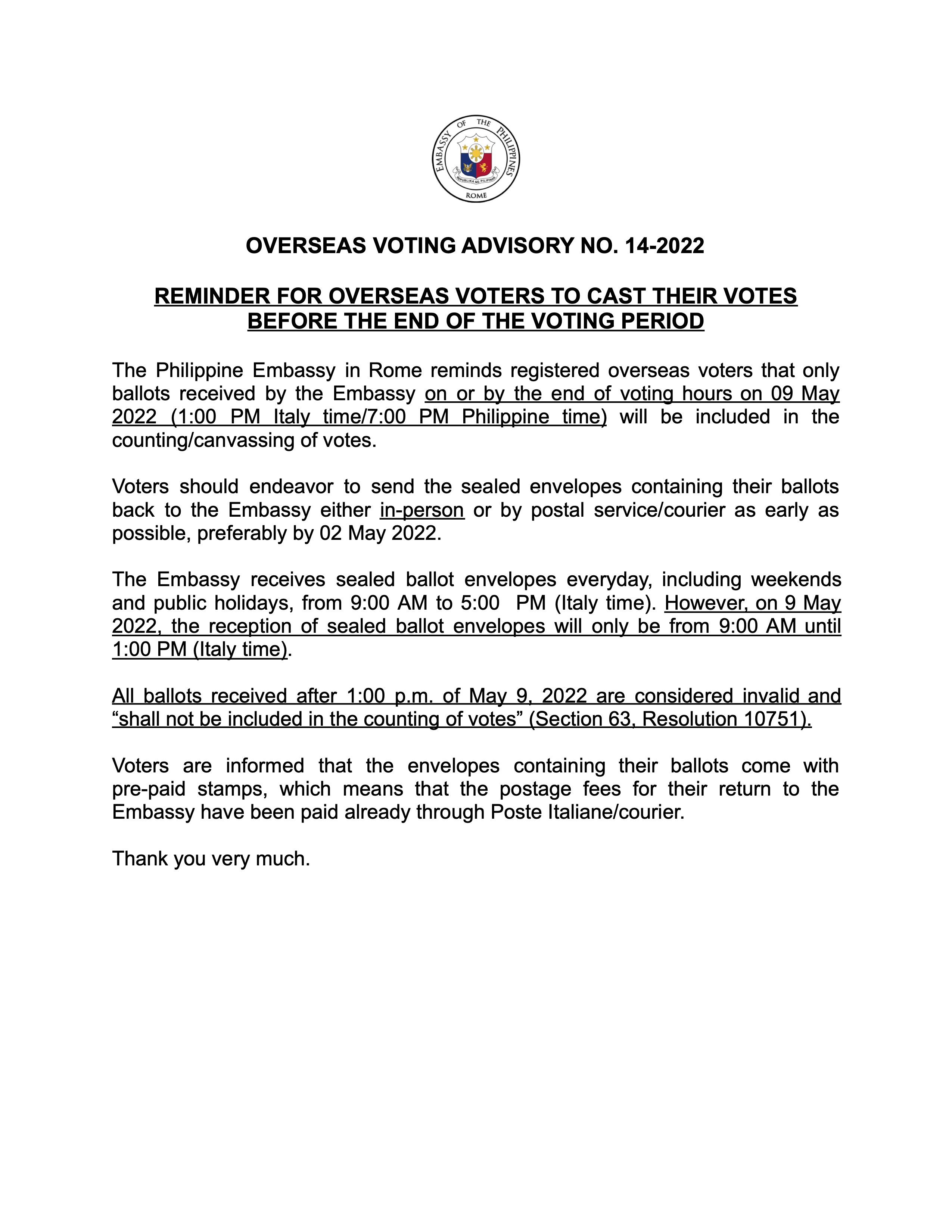 OV Advisory No. 14 1