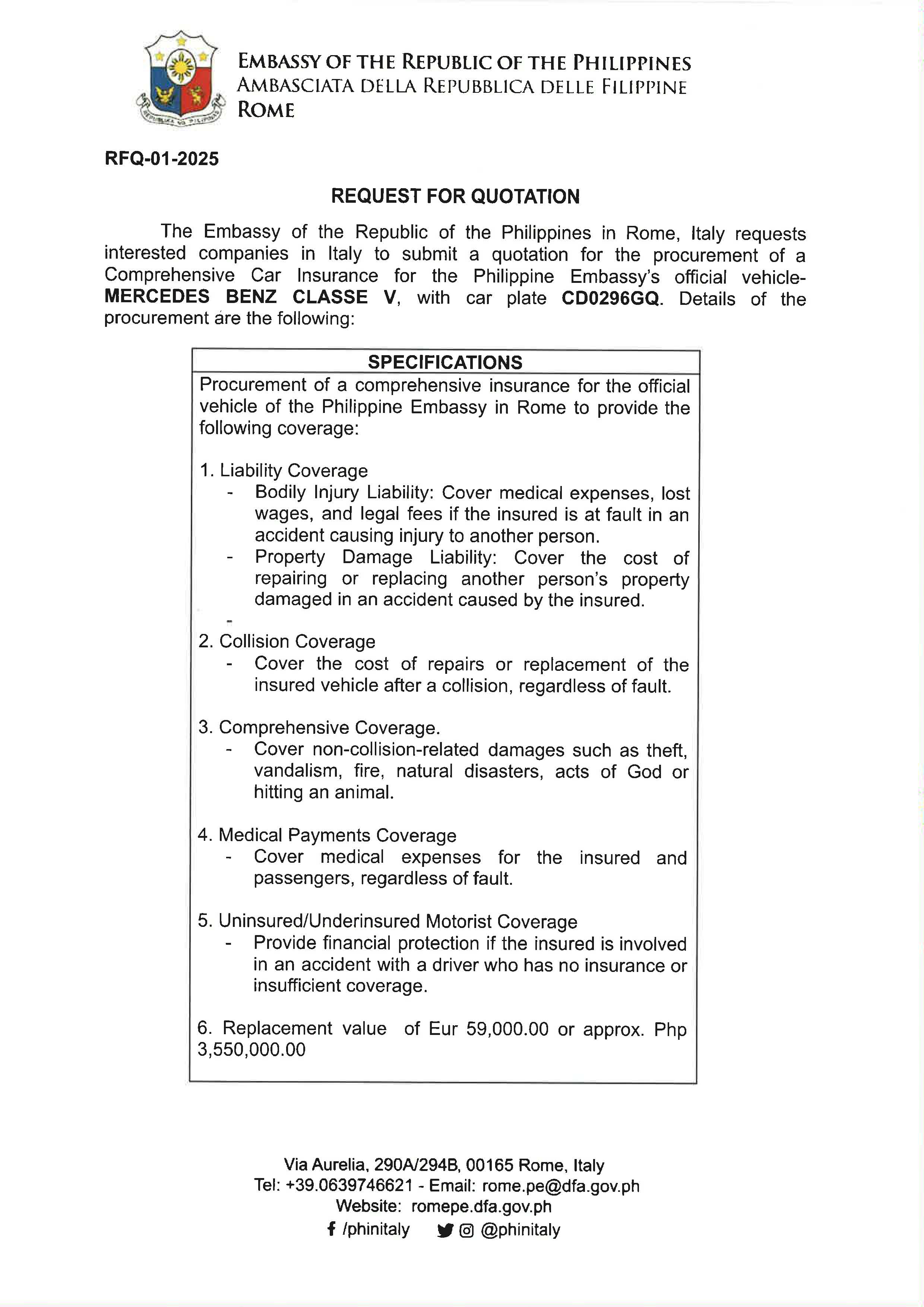 RFQ 01 2025 Request for Price Quotation for the Procurement of Car Insurance for Mercedes Benz Class V Page 1