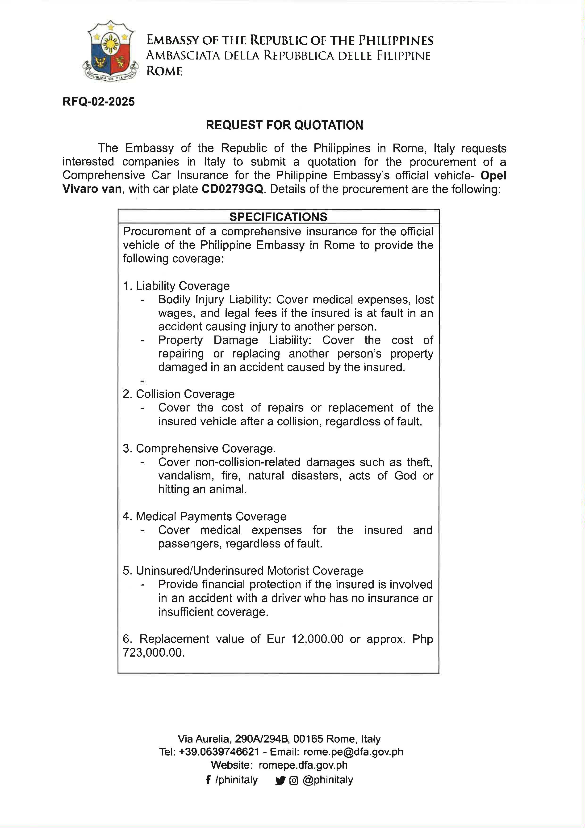 RFQ 02 2025 Request for Price Quotation for the Procurement of Car Insurance for the Philippine Embassys van Page 1