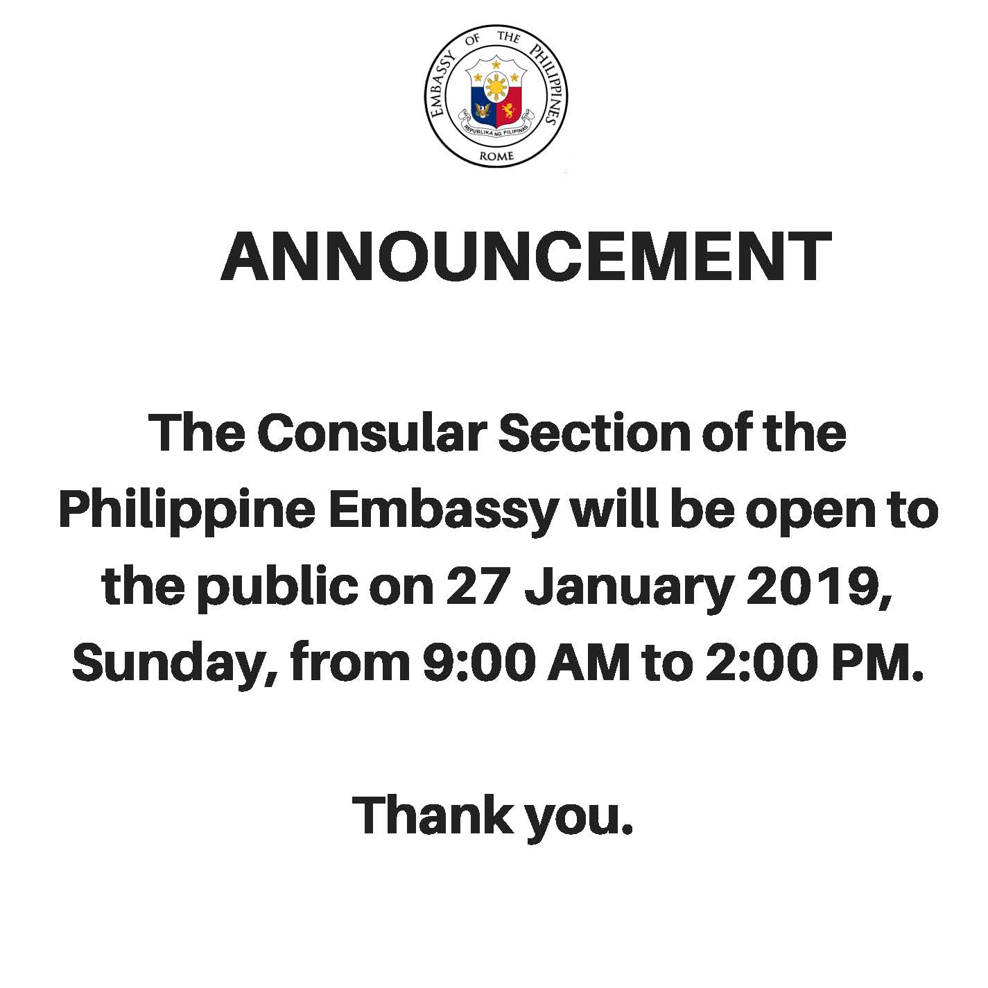 Jan 2019 Special Sunday Consular Services Announcement 1