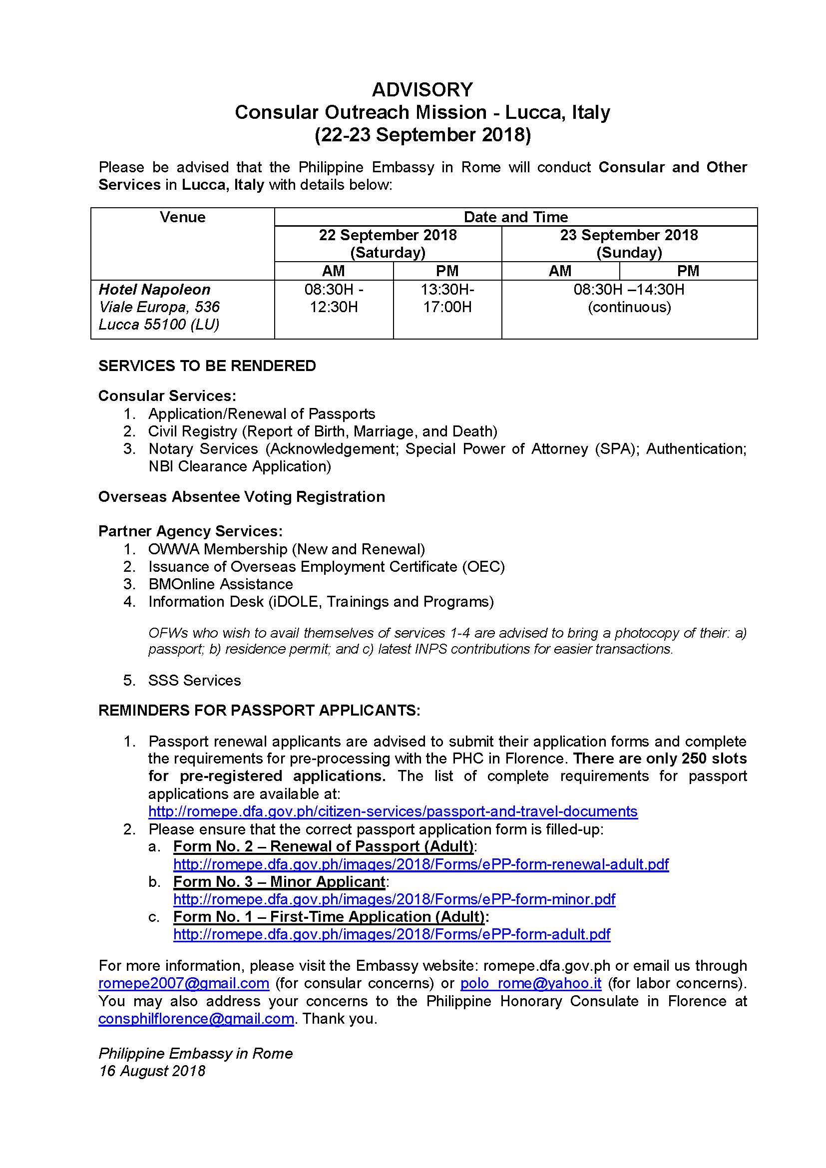 Lucca Outreach Advisory 22 23 Sep 2018 1