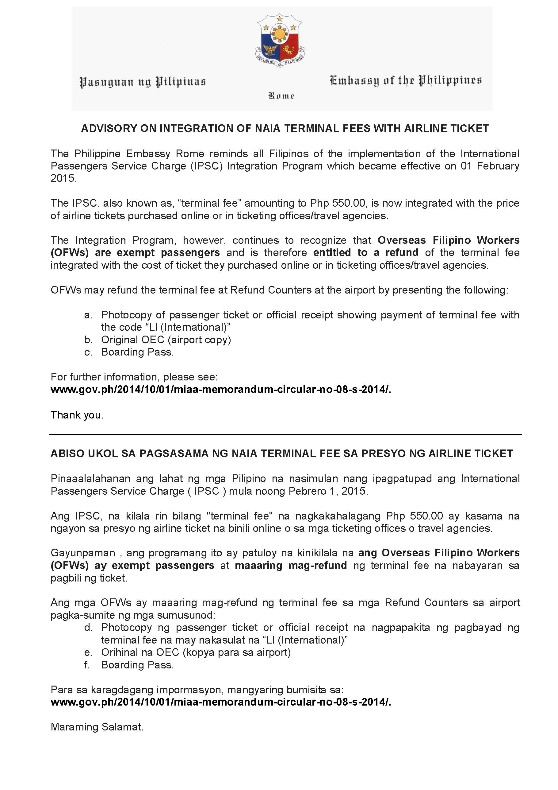 ADVISORY ON INTEGRATION OF NAIA TERMINAL FEES WITH AIRLINE  TICKET-23Feb15
